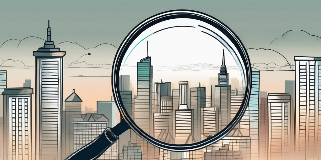 A magnifying glass hovering over a city skyline